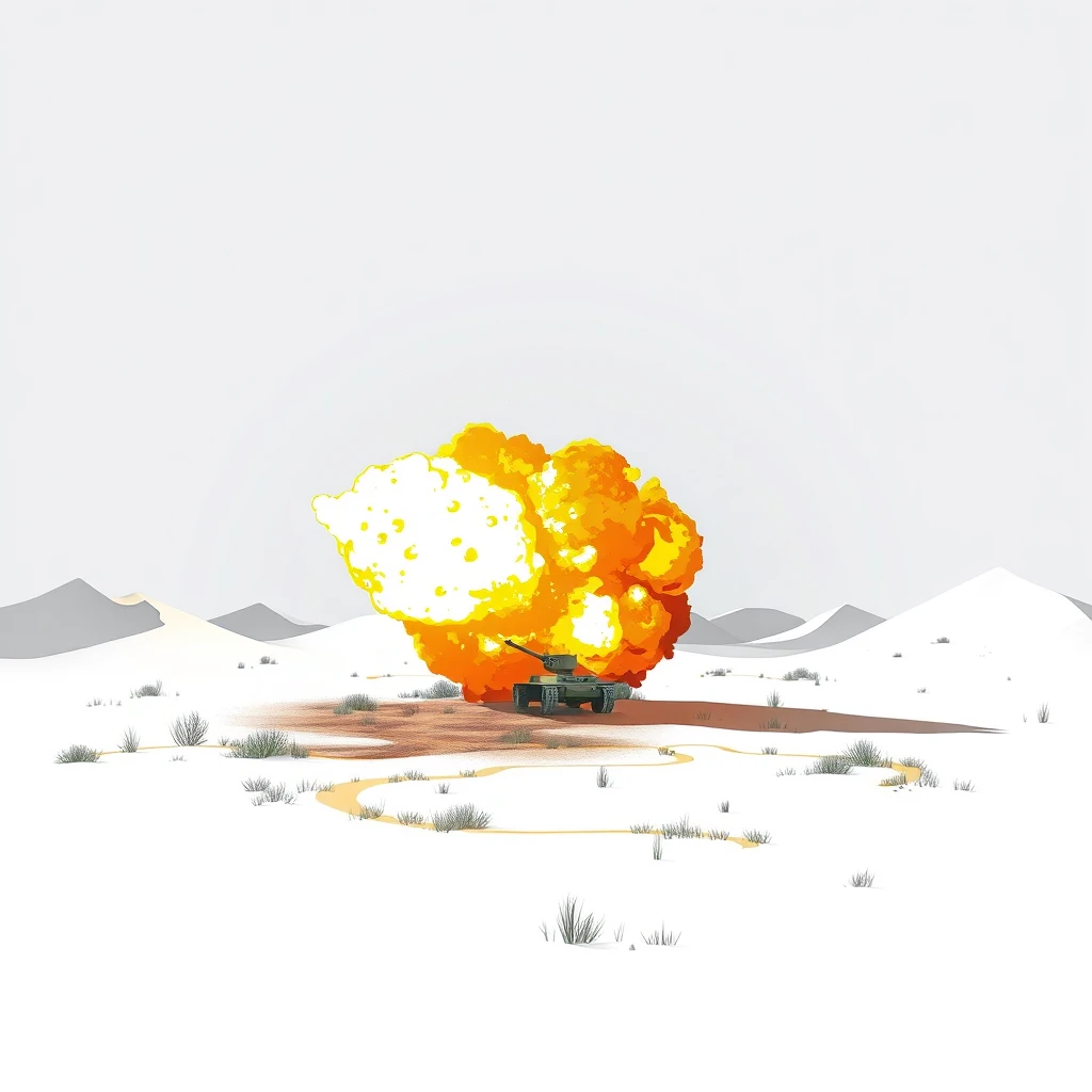 A bright explosion engulfs a simple, geometric landscape after a successful artillery shot.