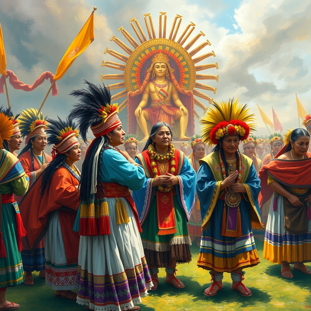 A vibrant depiction of a traditional Inca festival with people adorned in colorful clothing, participating in a religious ceremony