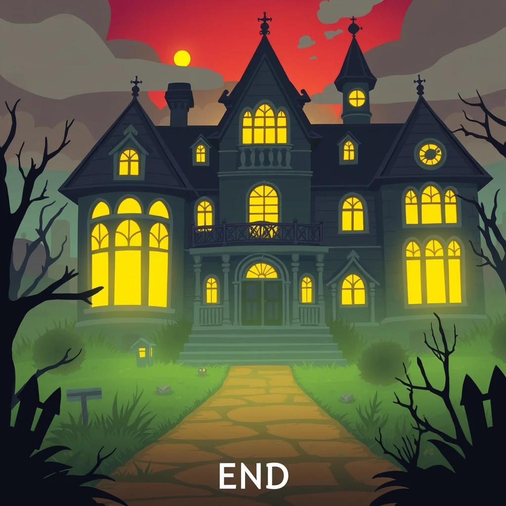 A stylized depiction of a haunted mansion with glowing windows, implying cooperative gameplay with a sense of mystery and adventure