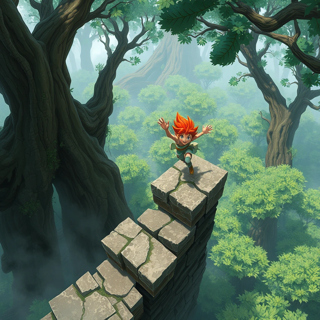 A brightly colored character jumping between crumbling stone platforms high above a forest canopy