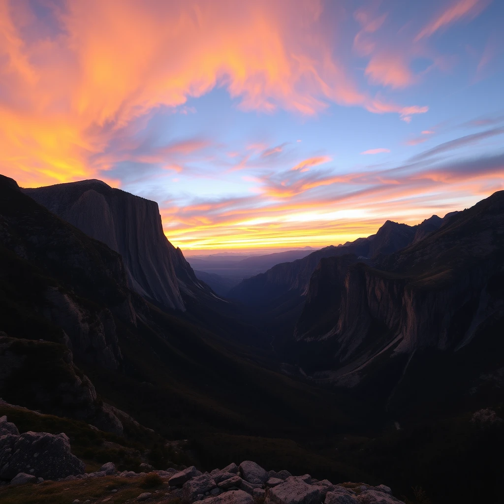 Photograph of a serene mountain landscape at sunrise, showcasing a vast valley and colorful sky