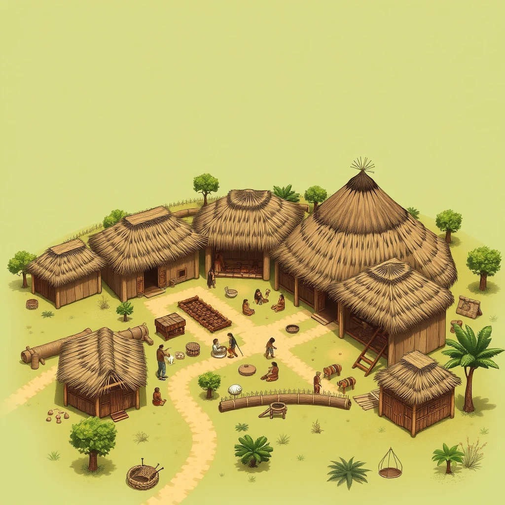 A rendering of an Ayllu village, illustrating the communal living and resource sharing within the Inca society