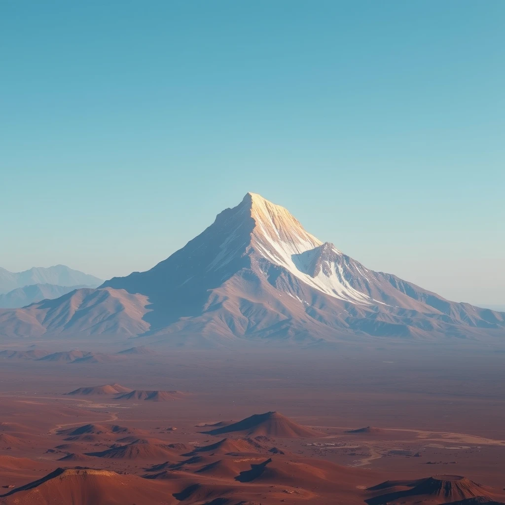 A photograph of a single, brightly colored mountain peak rising above a vast, desolate landscape, exemplifying visual hierarchy and guiding the player