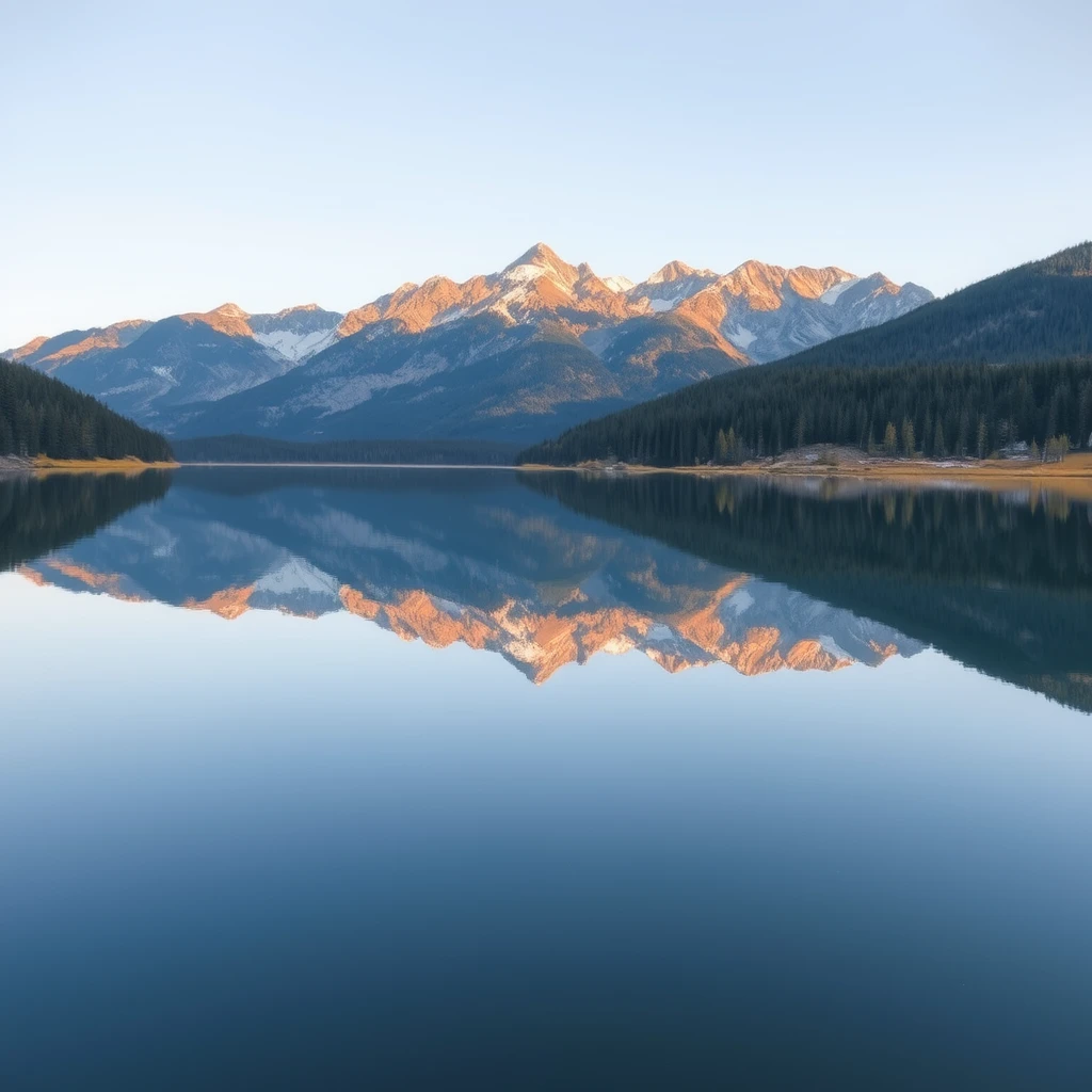 A photograph of a serene lake reflecting the surrounding mountains and trees in perfect symmetry