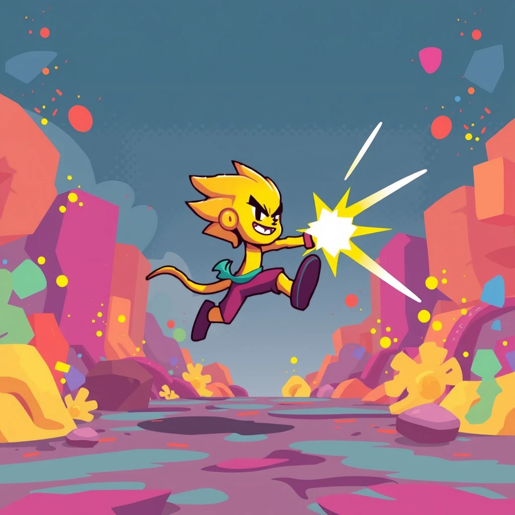 A vibrant, stylized pixel art character performing a jumping attack in a colorful, abstract environment