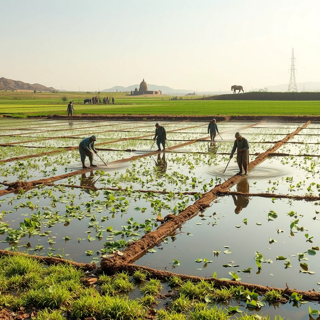 A serene scene of Mesopotamian farmers irrigating their fields using ancient techniques, reflecting the importance of agriculture