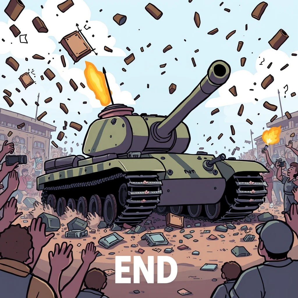 A cartoonish tank celebrates a victory amidst falling debris and cheering crowds. [END]