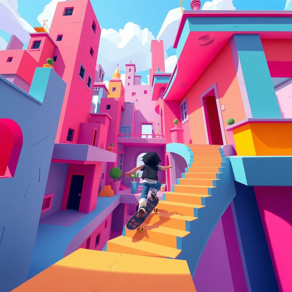 A stylized, low-poly screenshot of a character skateboarding through an Escher-esque dreamscape with impossible architecture and vibrant, contrasting colors.
