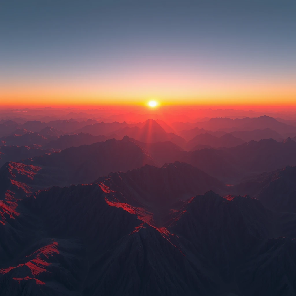 A photograph of a vast, procedurally generated mountain range at sunset, showcasing the potential of AI in creating expansive game worlds