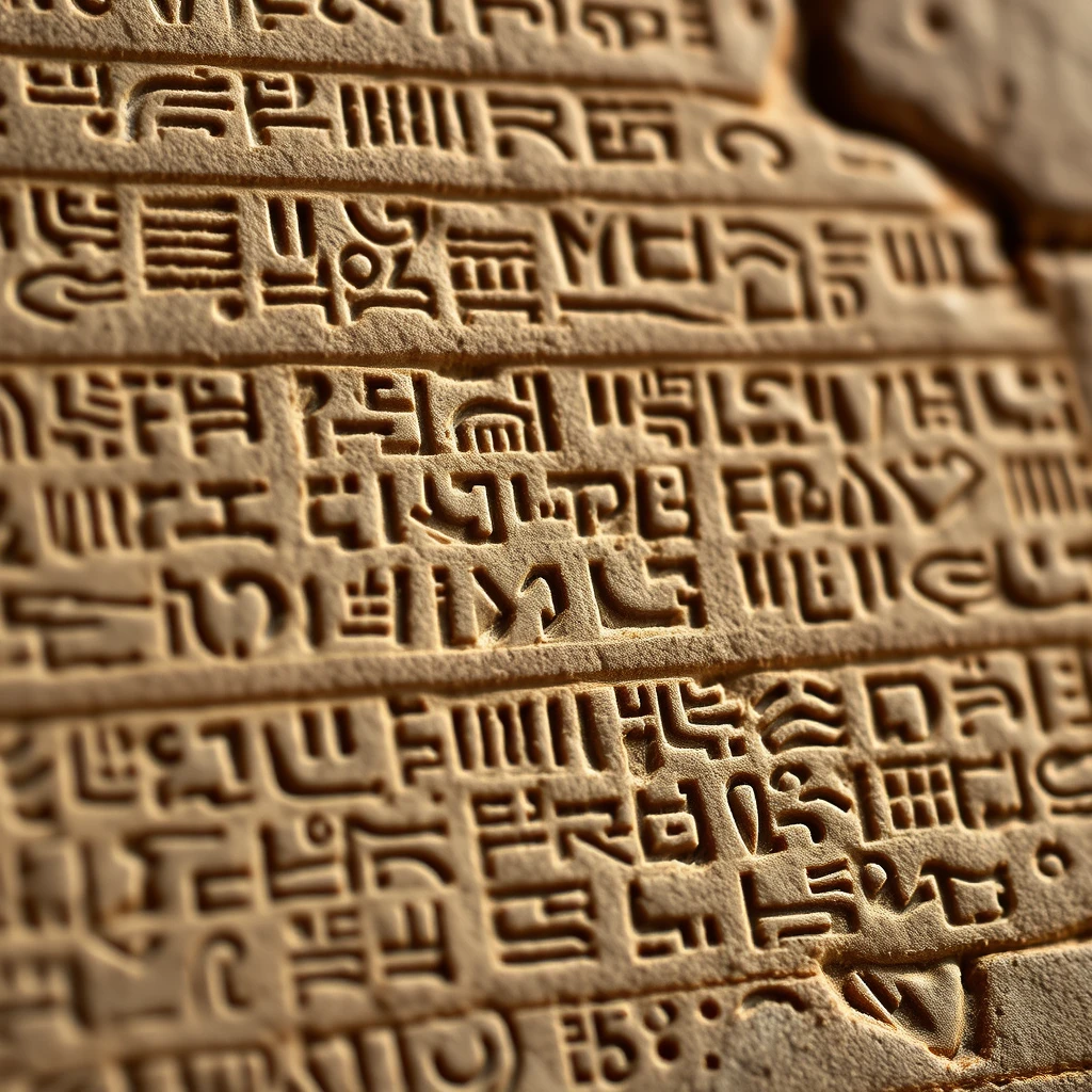 A close-up of cuneiform script etched onto a clay tablet, conveying a sense of ancient wisdom and history