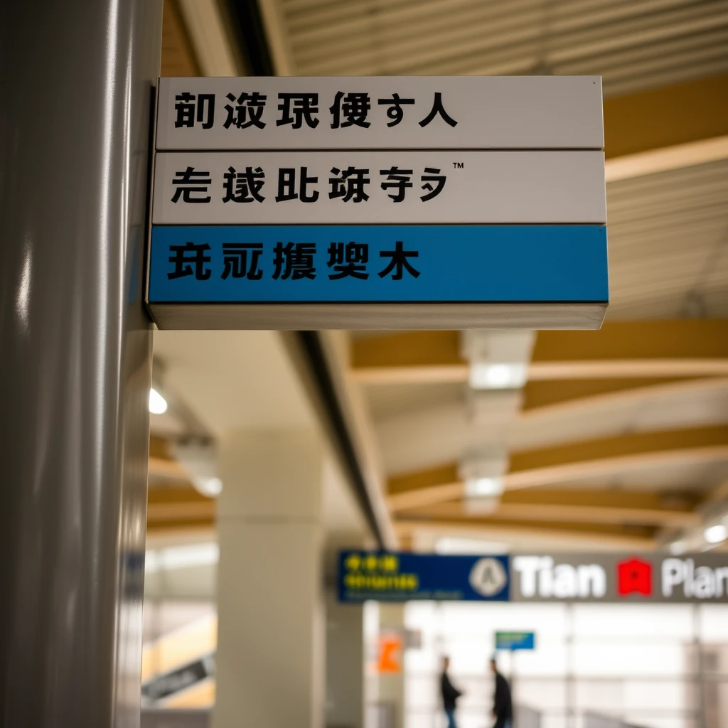 Photograph of a close-up of a multilingual sign in a train station, highlighting different writing systems