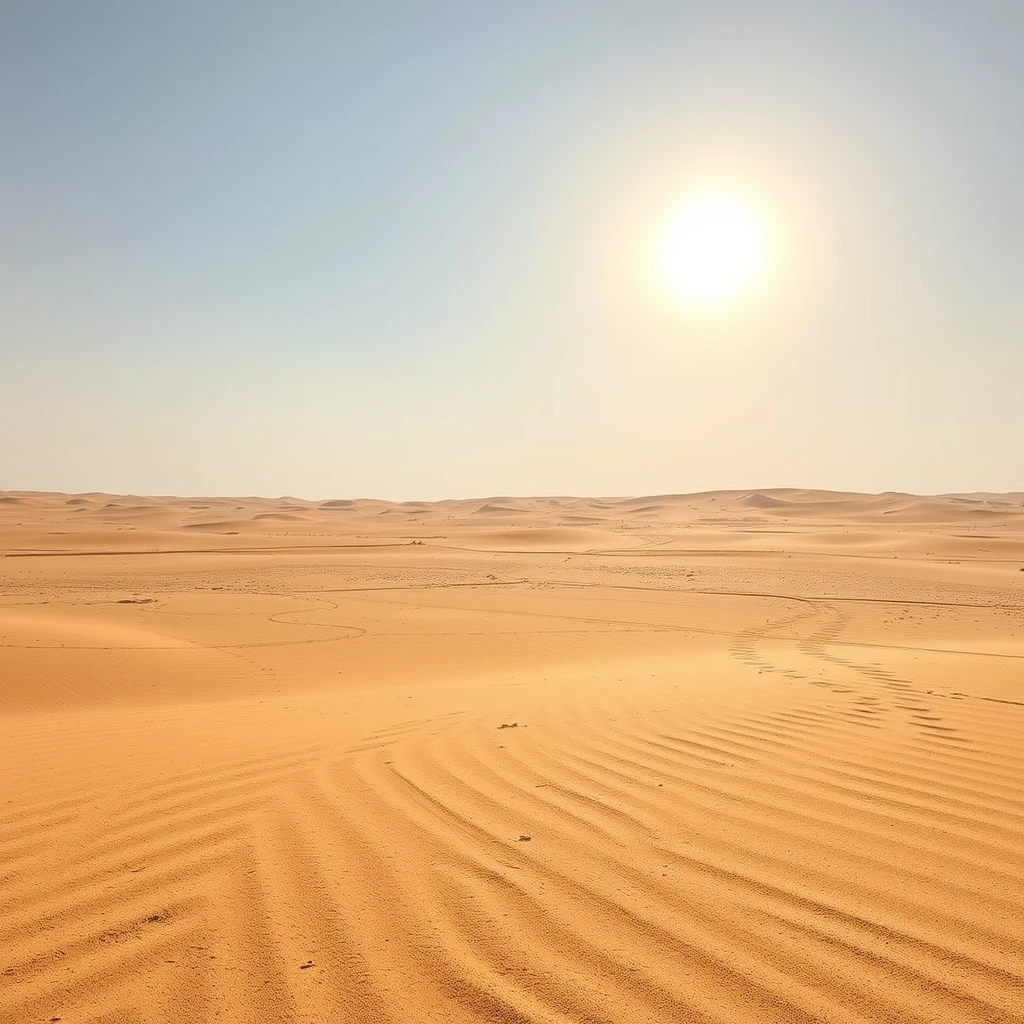 A photograph of a vast, empty desert landscape under a scorching midday sun, with heat waves rising from the sand