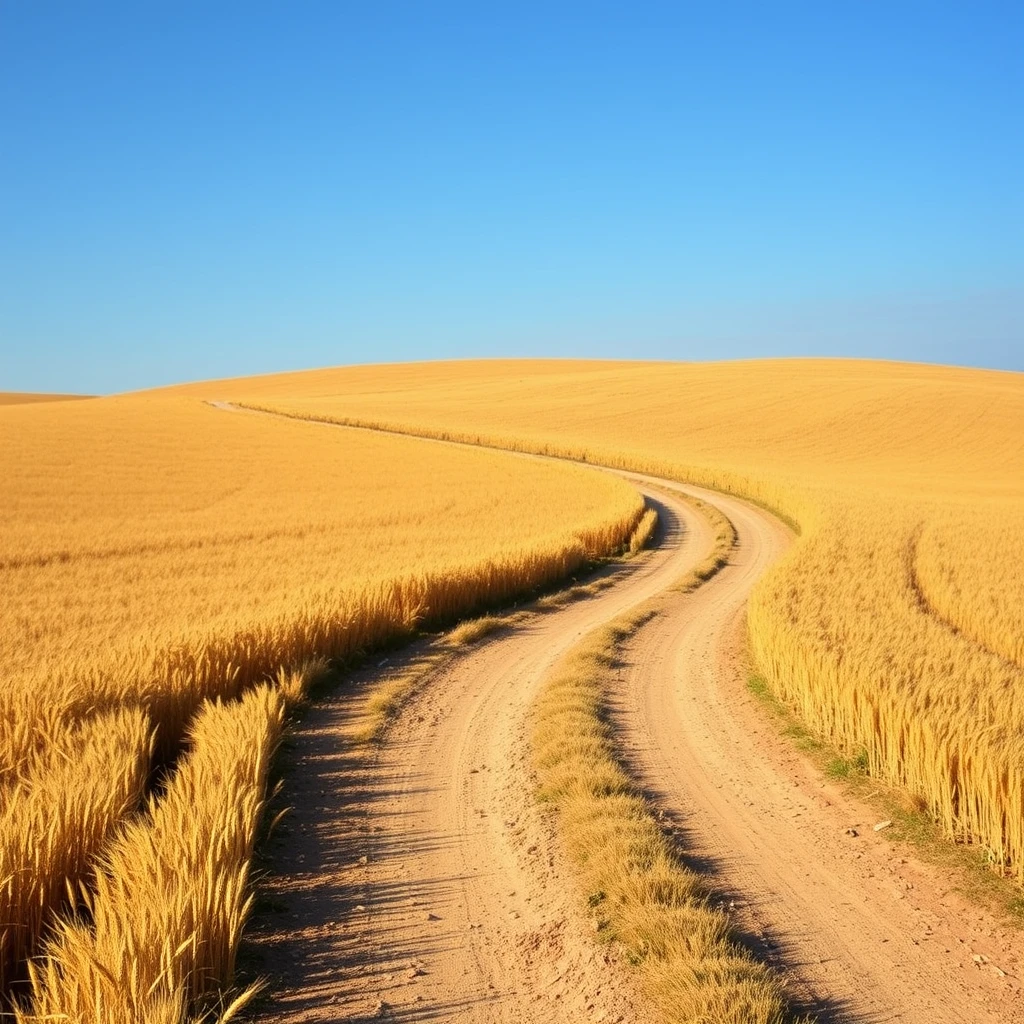 A photograph of a winding dirt road cutting through a vast, golden wheat field under a clear blue sky