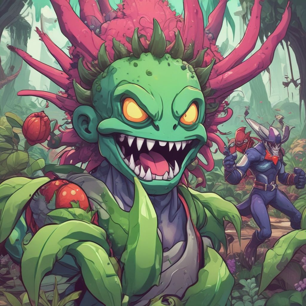 Killer plant fighting a team of protagonists