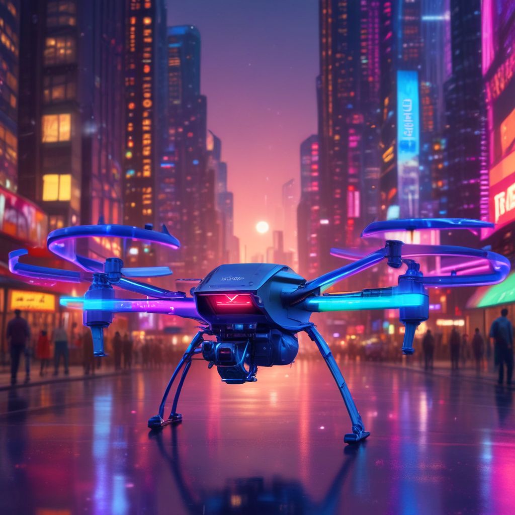  high-tech drone, its sleek, metallic body illuminated by vibrant neon lights, zooms through a futuristic, cyberpunk-inspired environment, surrounded by towering skyscrapers and holographic advertisements that flash and swirl in mid-air, casting a kaleidoscope of colors across the dark, rain-soaked streets. The drone's rotors glow with an intense blue light, leaving behind a trail of sparks as it banks and weaves through the crowded cityscape. In the background, holographic graffiti covers the sides of buildings, while cyborg pedestrians, their eyes aglow with LED lights, watch the drone racing spectacle with rapt attention. The atmosphere is hazy, with a mist of smoke and fog hanging low over the city, and the overall mood is one of high-energy excitement and technological glamour. The image is rendered in a stylized, high-contrast aesthetic, with bold lines and vibrant colors that evoke a sense of dynamic, fast-paced action.