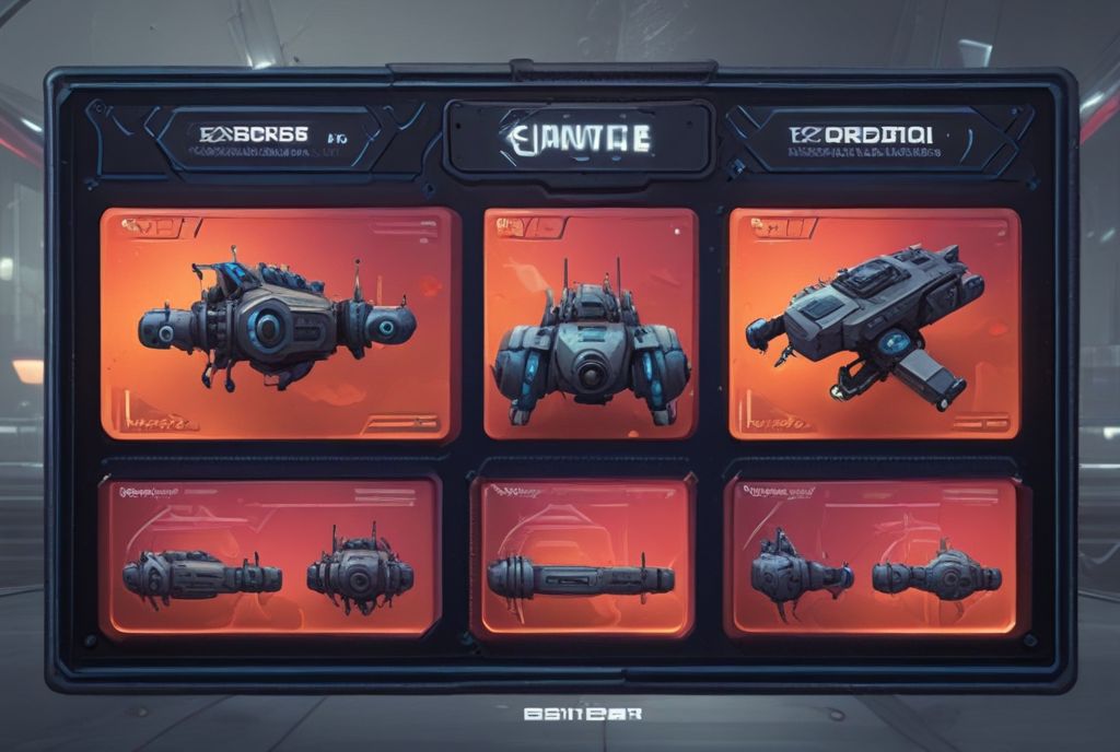 Drone Selection Screen with upgrades background with scfi cyberpunk style environment