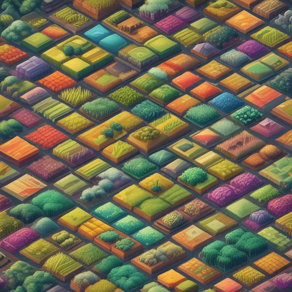 The game world is a patchwork of colorful grid squares representing different types of crops, defensive structures, and terrain. The environment changes dynamically as players plant crops and engage in combat.