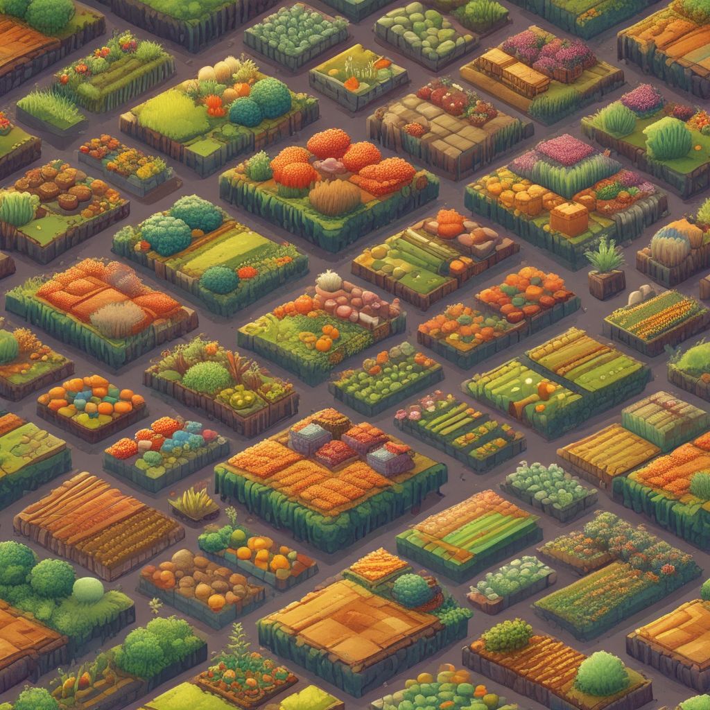 2D game art, The game world is a patchwork of colorful grid squares representing different types of crops, defensive structures, and terrain. The environment changes dynamically as players plant crops and engage in combat。