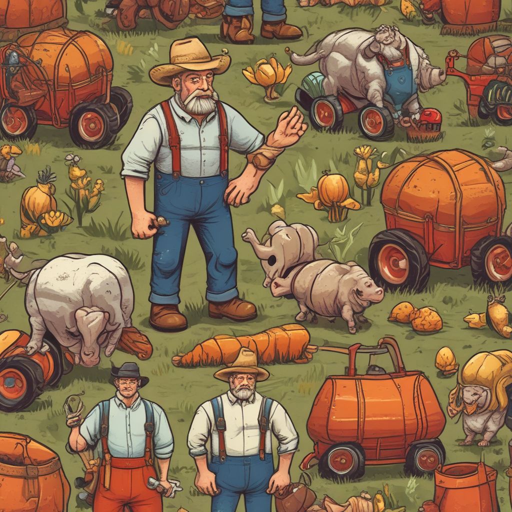 Farmers are depicted as hardworking, determined individuals with various tools and equipment. Enemies are designed as comical raiders with distinct visual traits to indicate their combat power.
