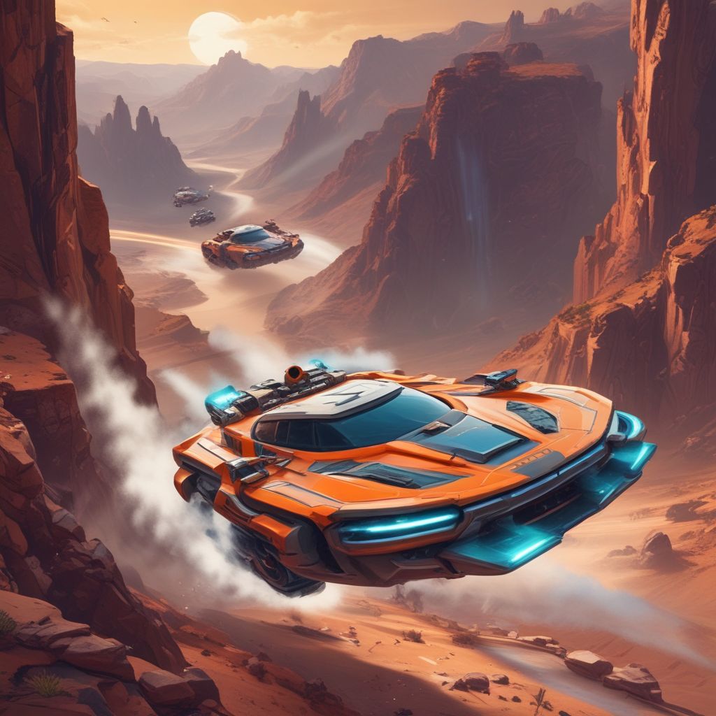 A high-speed futuristic race with sleek hovercrafts zooming through a canyon.