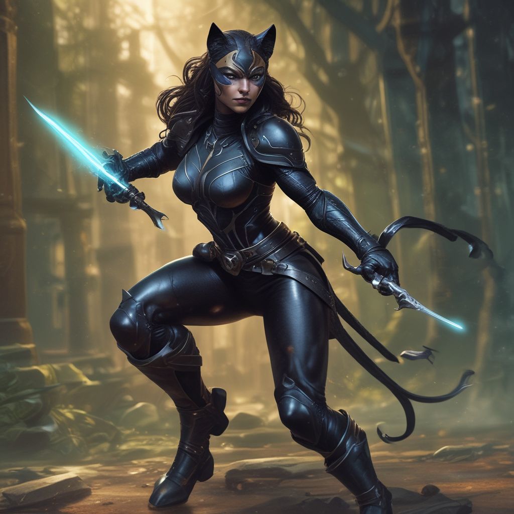 Backstory:
Nyssa hails from a hidden clan of shapeshifters known for their agility and combat prowess. Once a high-ranking member of this clan, she left after discovering corruption among its leaders. Now, she operates as a rogue agent, using her skills to protect the innocent and expose deceit. Her panther form, a symbol of her clan, represents her swift and silent approach to combat and espionage. Nyssa's playful and confident demeanor hides a deep-seated determination to right the wrongs of her past, making her a formidable and enigmatic ally in the world of *Shadow Lords: Realms of Destiny*.
