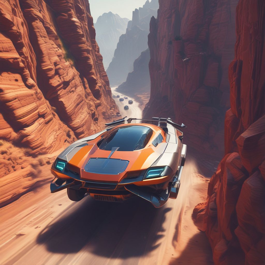 A high-speed futuristic race with sleek hovercrafts zooming through a canyon.